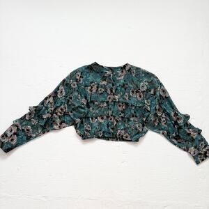 Sheer Floral Ruffle Cropped Chiffon Teal Blouse, Size Small